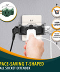 3 Outlet Wall Extender Adapter T Shaped, UL Listed 3 Prong Grounded Power Tap with cables plugged in, wall view