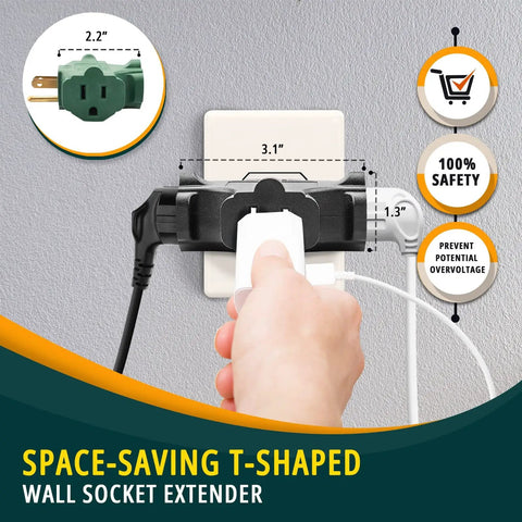 3 Outlet Wall Extender Adapter T Shaped, UL Listed 3 Prong Grounded Power Tap with cables plugged in, wall view