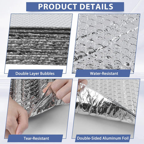 Heavy Duty Reflective Bubble Insulation Sheet For Garage Door Thermal Barrier Featuring Rock Solid Build And Super Durable Aluminum Finish, showing double layer bubbles and tear-resistant features.