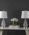 Midcentury Modern LED Table Lamp Set Of 2 With USB Charging Port Gourd Clear And Chrome Finish Iron Frame Linen Shade 22.25 Inch LED Bulbs Included Lit Nightstand Lamps displayed on a table