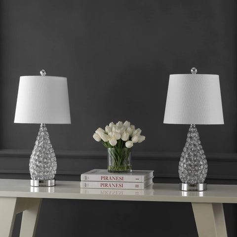 Midcentury Modern LED Table Lamp Set Of 2 With USB Charging Port Gourd Clear And Chrome Finish Iron Frame Linen Shade 22.25 Inch LED Bulbs Included Lit Nightstand Lamps displayed on a table