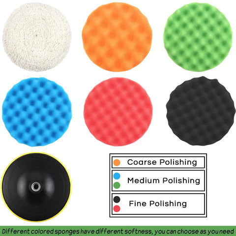 7 Inch Buffing And Polishing Pad Kit with Five Waffle Foam Pads, One Wool Pad, M14 Threaded Backing Plate, and softness guide