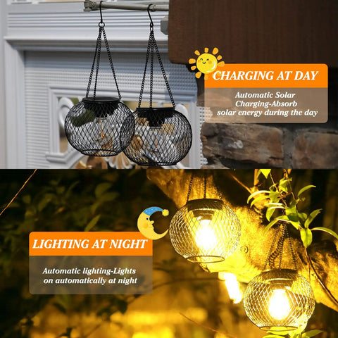 Auto On Solar Lanterns For Outdoors Upgraded Hanging Garden Lights Metal Waterproof Lanterns For Yard Patio Pathway Decor IP65 Black 2 Pack 800mAh Battery Keeps Your Space Lit All Night showing day and night modes