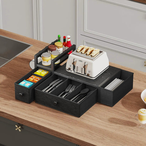 Coffee Pod Drawer Organizer For Countertop That Holds 52 Pods K Cup And Nespresso Capsules With Mug Rack No Brainer Setup For Your Kitchen Office Or Coffee Bar Black next to a toaster on a kitchen counter.