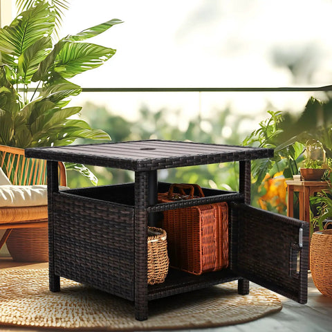 Outdoor Patio Umbrella Table With Two Weight Bags And Umbrella Hole Brown Wicker End Table With Storage Two Tier Design