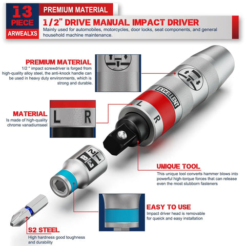 13 Piece Half Inch Drive Manual Impact Driver Kit With Reversible Hand Impact Screwdriver Set And Slotted Hex And Phillips Bits For Loosening Rusted Fasteners Frozen Bolts And Stubborn Screws In A Durable Storage Case, showcasing premium materials and features.