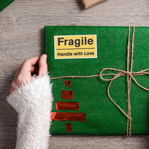 Yellow Fragile Stickers For Small Business Packaging 6 Pack High Visibility PVC Adhesive Labels For Shipping Moving Warehouses Parcels Luggage And Handling Durable Fragile Warning Signs For Safe Delivery on green gift box