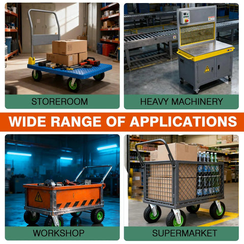 Heavy Duty 8 Inch Pneumatic Caster Wheels Set Of 4 With Rock Solid Swivel And Rigid Air Rubber Tires used on carts in storerooms and warehouses.