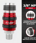 Heavy Duty Five In One Universal Safety Exhaust Quick Connect Industrial Coupler, 3/8" NPT male fitting for quick disconnect.
