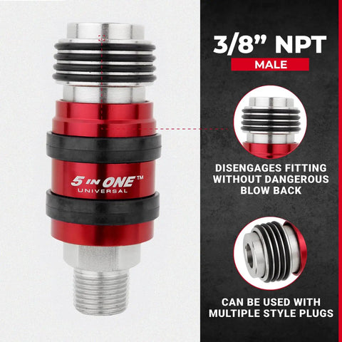Heavy Duty Five In One Universal Safety Exhaust Quick Connect Industrial Coupler, 3/8" NPT male fitting for quick disconnect.