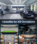 Grid of images showing Hexagon LED Garage Lights 456W 50160LM 14 Grid Hexagon Light 7000K Bright White Beam in various settings