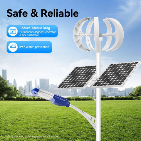 600W 24V Automatic Five Blade Home Wind Turbine Generator System with controller in a field with solar panels, city skyline background