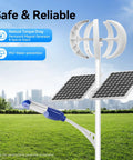 600W Vertical Axis Wind Turbine Kit With 12V System, Five Blade Generator, shown with solar panels outdoors