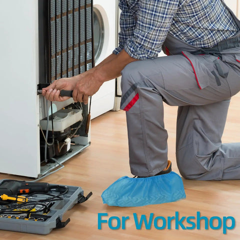 Technician wearing blue disposable shoe covers working, highlighting 200 Packs Disposable Non Slip Shoe Covers Game Changer Thick Nonwoven Durable Booties