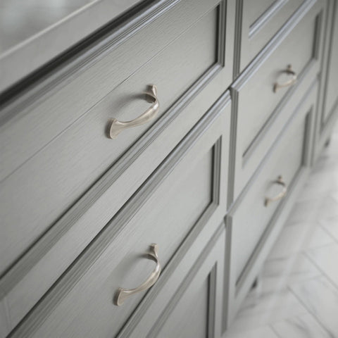 10 Pack Satin Nickel Cabinet Handles With 3 Inch Center To Center Holes Half Round Spoon Foot Casual Drawer Pulls installed on cabinets