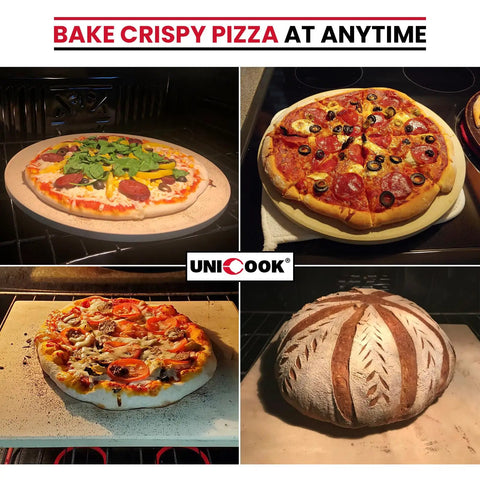 Four pizzas and a loaf of bread baking on 13x13 Inch Cordierite Pizza Stone For Ooni 12 Ovens, showcasing crispy crusts.