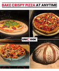 Durable Cordierite Pizza Stone For Oven And Grill 12 Inch Square Bake Stone with crispy pizza and bread shown