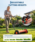Compact 16 Inch Push Reel Lawn Mower With Five Blade Manual Reel Cutter Adjustable Cutting Height, orange mower in use