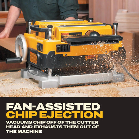 Smoother Than Silk 13 Inch Benchtop Thickness Planer With Robust 15 Amp Motor And Two Speed Gearbox showcasing fan-assisted chip ejection feature.
