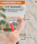 Person using hammer to install 1/4 inch diameter zinc alloy hammer drive nail in anchors for cement concrete on wall