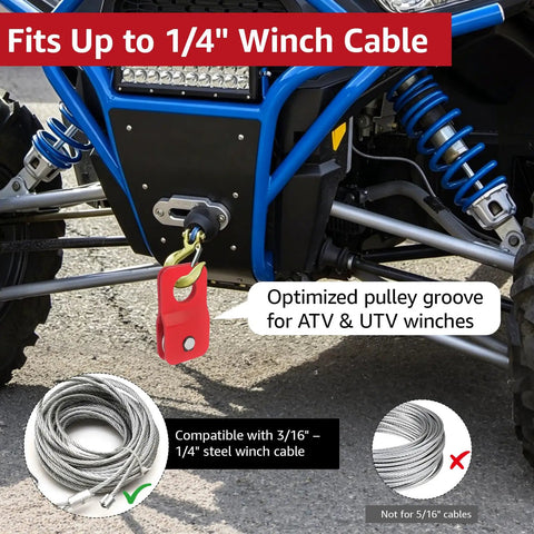 8000 Lb Winch Snatch Block Pulley For Off Road Vehicles Beefy Heavy Duty Steel Recovery Pulley 54 mm Wheel Fits 316 To 14 Inch Winch Cable Red ATV UTV Truck mounted on ATV for 3/16 to 1/4 inch steel cable