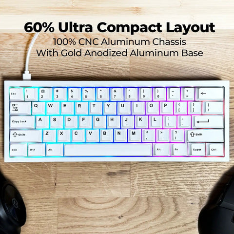 Compact 60 Percent White Mechanical Keyboard With Snappy Gateron Red Switches And Hot Swap Slots Offers Dope RGB Glow And Thick Dampening Foam Inside A Legit Anodized Aluminum Build on wooden desk.