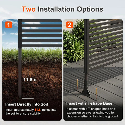 Installation options for freestanding outdoor privacy screen panels with soil insert and T-shape base for patios, gardens, and balconies.