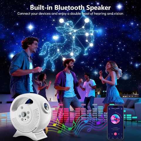 3D Galaxy Projector With 60 Scenes And Adjustable Focus projecting constellation, Bluetooth speaker feature displayed