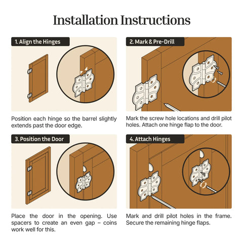 Installation guide for Butterfly Hinges With Removable Pin In Polished Brass, Surface Mount Cabinet Hinges Pack Of 8, 1-3/4 In Wide By 2-3/8 In High, 5/8 In Center, Old School Vintage Look For Antique Or Traditional Furniture, Easy Install