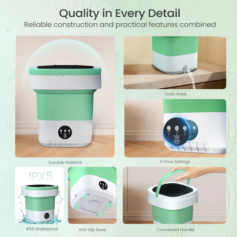 No Sweat Compact Laundry Setup With Smart Blue Light Wash And Turbo Spin Basket For Spotless Baby Clothes Intimates Socks Gray Portable Washing Machine 20 Liter Mini Washer with drain hose and control panel.
