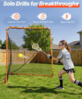 Girl playing with Foldable 6x6 Lacrosse Goal With Portable Steel Frame For Backyard Practice Quick Snap Lock Setup Easy Foldaway Design Ideal Training Net For Kids Teens And Adults Durable Orange.