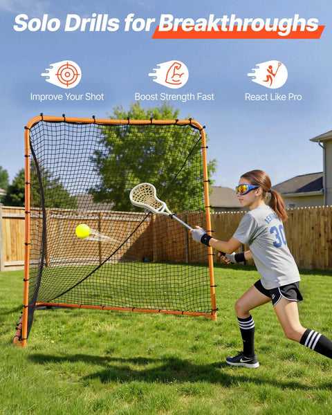 Girl playing with Foldable 6x6 Lacrosse Goal With Portable Steel Frame For Backyard Practice Quick Snap Lock Setup Easy Foldaway Design Ideal Training Net For Kids Teens And Adults Durable Orange.