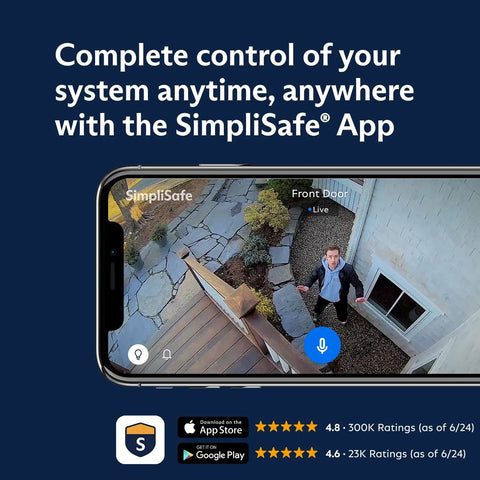 SimpliSafe App interface showing live security feed with 7 Camera Wireless Outdoor Security System With Easy Setup And Solid Protection.