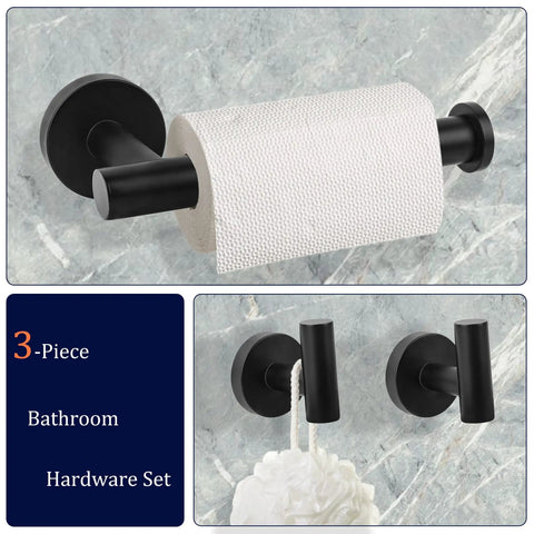 Matte Black Bathroom Hardware Set 3 Piece Premium Stainless Steel Wall Mount Kit With 5 Inch Toilet Paper Holder And Two Towel Hooks