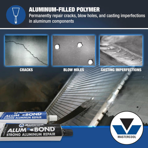 Aluminum Bond Repair Compound For Castings, Radiators, Tanks And Engine Parts - High-Strength Aluminum-Filled Epoxy That Fixes Cracks, Holes And Imperfections, Machinable, Durable Metal Repair Solution. Three repair examples: cracks, blow holes, casting imperfections.