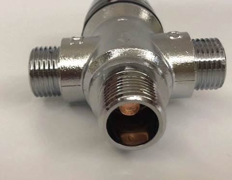 Close-up of Three Way Thermostatic Mixing Valve With 1/2NPT Connections In Solid Brass For Safe Water Temperature Control.