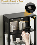 Hand pressing open the 65 Inch Glass Display Cabinet with RGB LED Lights and Glass Doors, 4 Tier Curio Storage Cabinet, Black Finish