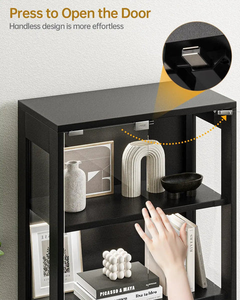 Hand pressing open the 65 Inch Glass Display Cabinet with RGB LED Lights and Glass Doors, 4 Tier Curio Storage Cabinet, Black Finish