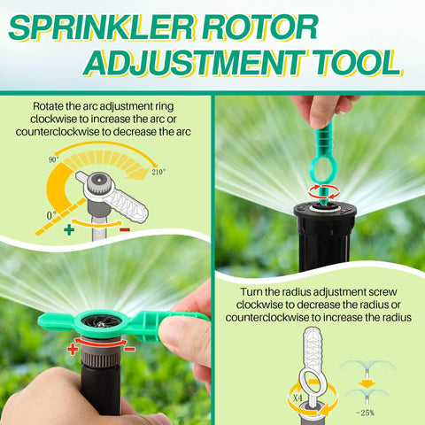 Illustration of Five Pack All In One Sprinkler Head Tool Kit for Rain Bird and Hunter Systems with adjustment instructions.