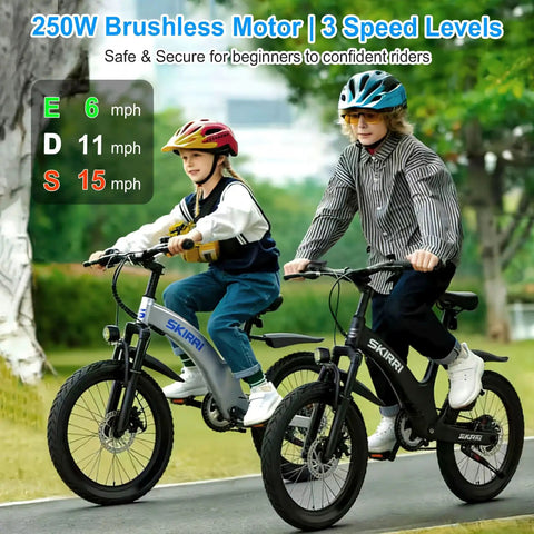 Lightweight Kids Electric Bike With 250W Brushless Motor 25.2V 7Ah Battery 3 Speed Up To 15 MPH 20 Inch Tires Adjustable Seat And Frame For Ages 6 To 10 Safe Kid Friendly Rides, kids riding on 20-inch electric bikes