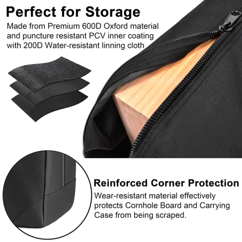 Close-up of Beefy Cornhole Board Carrying Case with padded foam, 600D Oxford material, and reinforced zippers for protection.