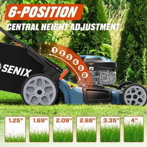 22 Inch 201cc Gas Lawn Mower With 3 In 1 Mulch Side Discharge Rear Bag Rear Wheel Self Propelled Drive Up To 2.9 MPH 4.7 HP OHV Engine That Cuts Like A Boss, 6-position height adjuster