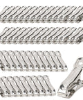 Heavy Duty Stainless Steel Garden Clips 50 Pack For Greenhouses With 2 Inch Long Grips, arranged in rows and a close-up view.
