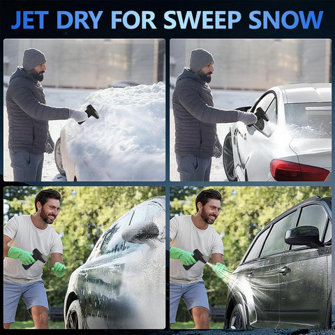 Man using a powerful compressed air duster electric blower with 3 speed settings and fast charging for cleaning cars.