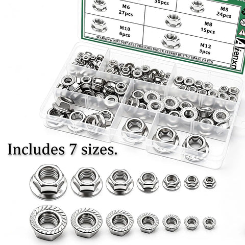 304 Stainless Steel Hex Flange Nuts Set 140 Pieces, Assortment Kit With M3 M4 M5 M6 M8 M10 M12 in plastic storage box