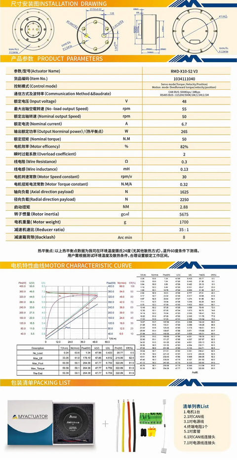 Technical specifications and diagrams for RMD X10 S2 35 To 1 Brushless DC Servo Motor With Dual Encoders And MCX500 Driver