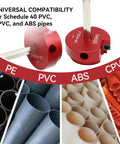 Go To Four Piece PVC Pipe Reamer Tool Set with universal compatibility for Schedule 40 PVC, CPVC, ABS pipes shown with pipes.