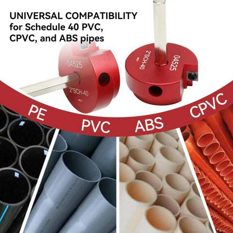 Go To Four Piece PVC Pipe Reamer Tool Set with universal compatibility for Schedule 40 PVC, CPVC, ABS pipes shown with pipes.