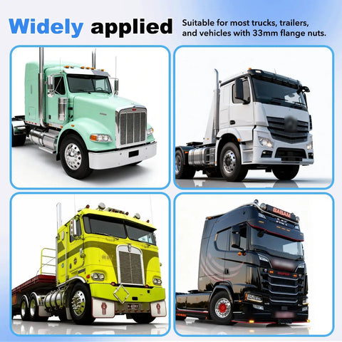 Four semi trucks showcasing 33mm ABS Chrome Lug Nut Covers For Semi Trucks 20 Pack Push On Anti Rust Caps for wheel protection.