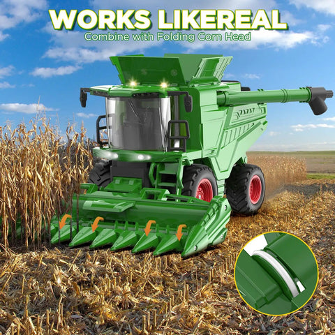 Remote Control Combine Harvester Tractor Toy With Moving Corn Head RC Farm Tractor For Kids 3 Plus Light Sound Spray Effects One Twenty Fourth Scale Farm Toy Totally Perfect Christmas Birthday Gift. Green RC harvester in field.